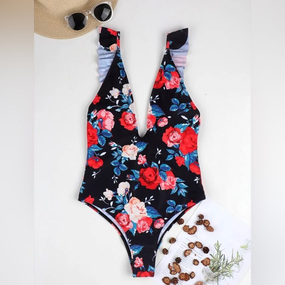 SHEIN Floral Ruffle Plunging One Piece Swimsuit